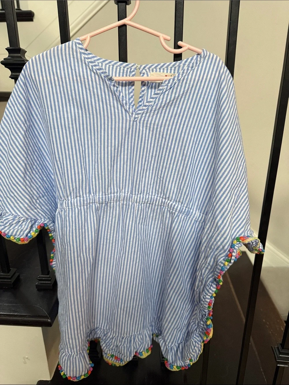 Mini Boden Blue and White Striped Kids Swim Coverup with Multicolor Pom Trim